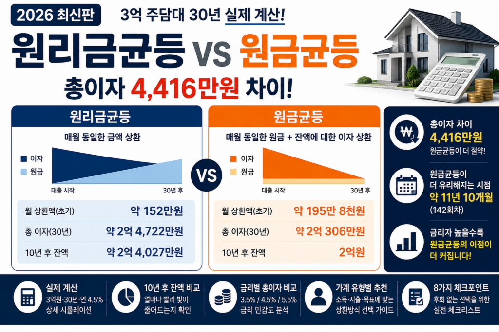 2026 원리금균등 원금균등 3억원 주담대 월상환액 총이자 비교