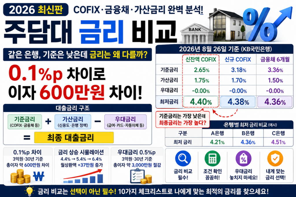 2026 주담대 금리 비교 COFIX 금융채 가산금리 우대금리 분석